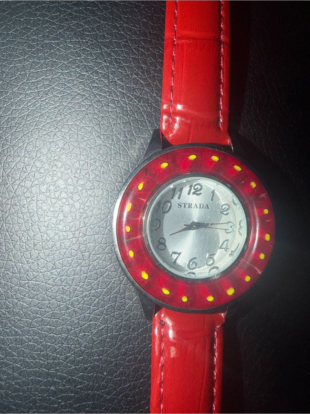 Strada Red Glossy Bezel Ladies Watch with Yellow Accents